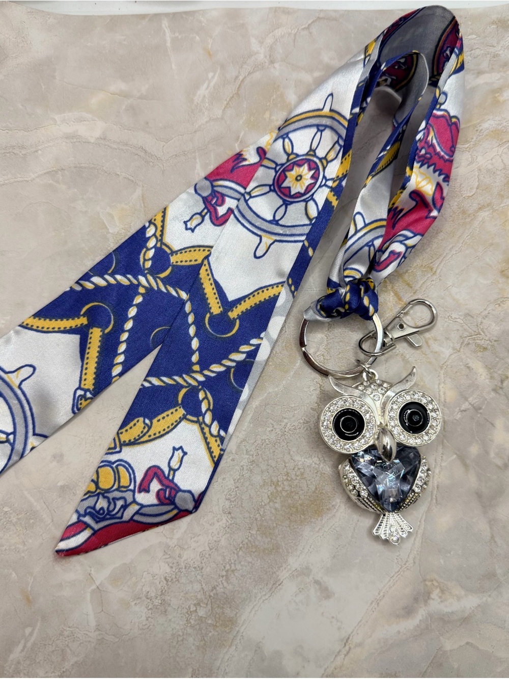 Navy & White Nautical Scarf Lanyard with Silver Owl Charm